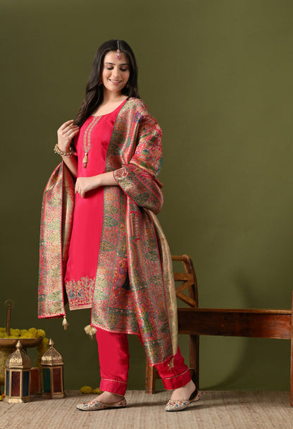 Hot Pink Crepe & Banarasi Silk Thread–Zardozi Kurta Set