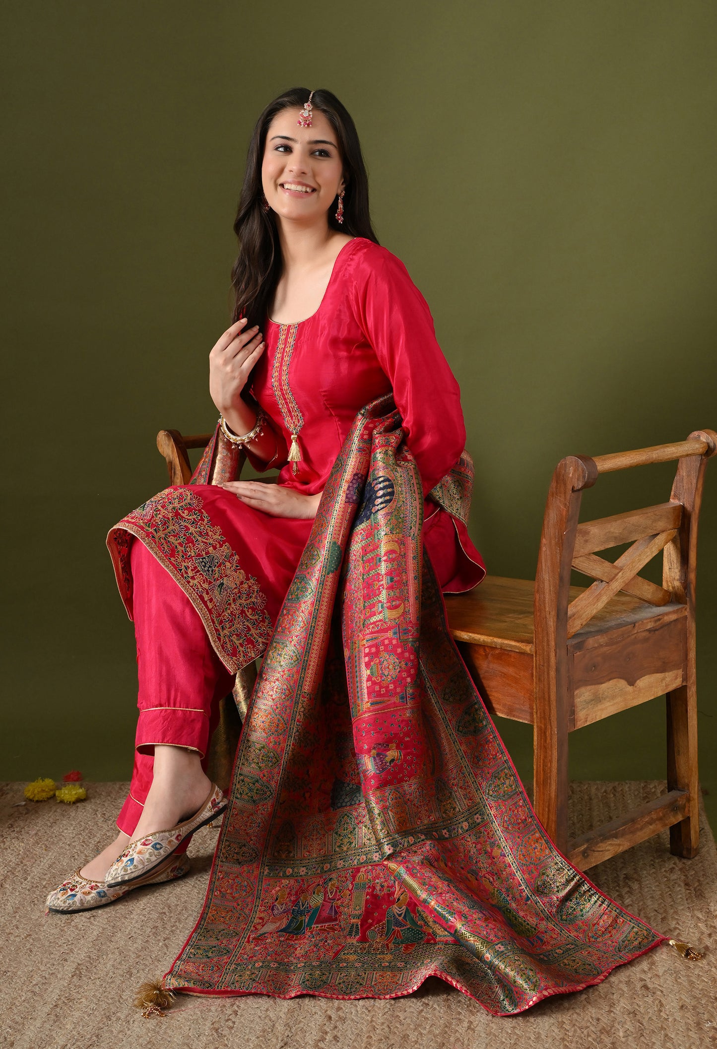 Hot Pink Crepe & Banarasi Silk Thread–Zardozi Kurta Set