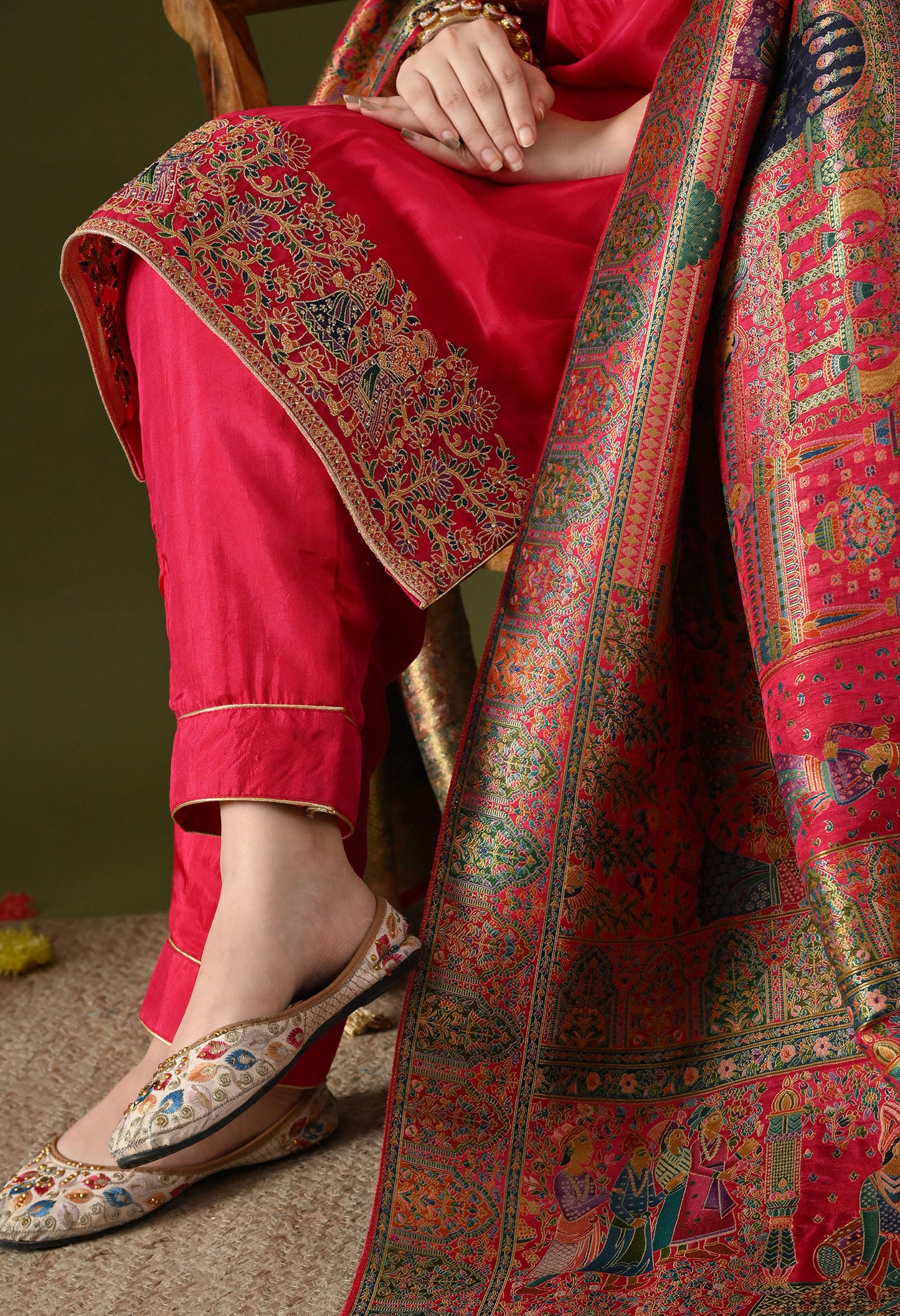 Hot Pink Crepe & Banarasi Silk Thread–Zardozi Kurta Set