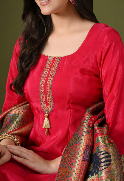 Hot Pink Crepe & Banarasi Silk Thread–Zardozi Kurta Set