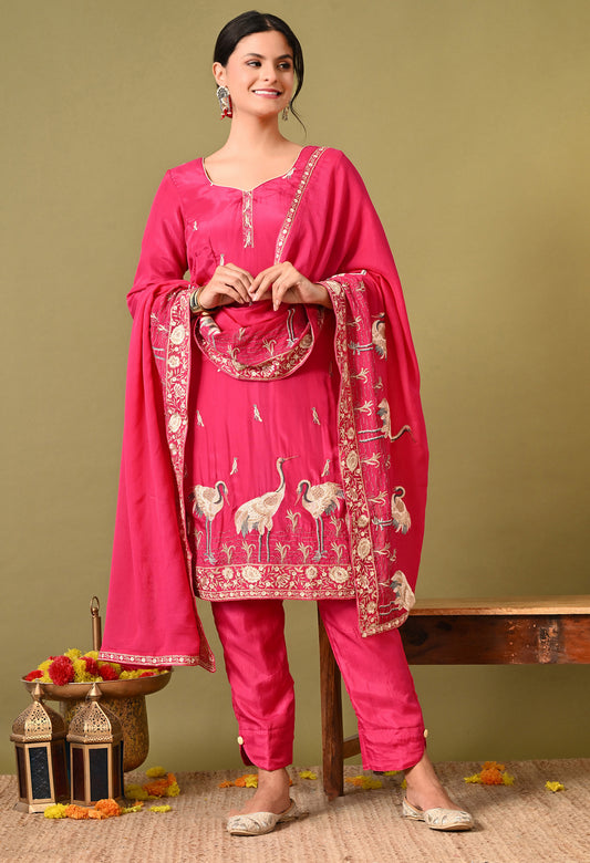 Vibrant and Graceful Reddish Pink Kurta Set with Parsi Work