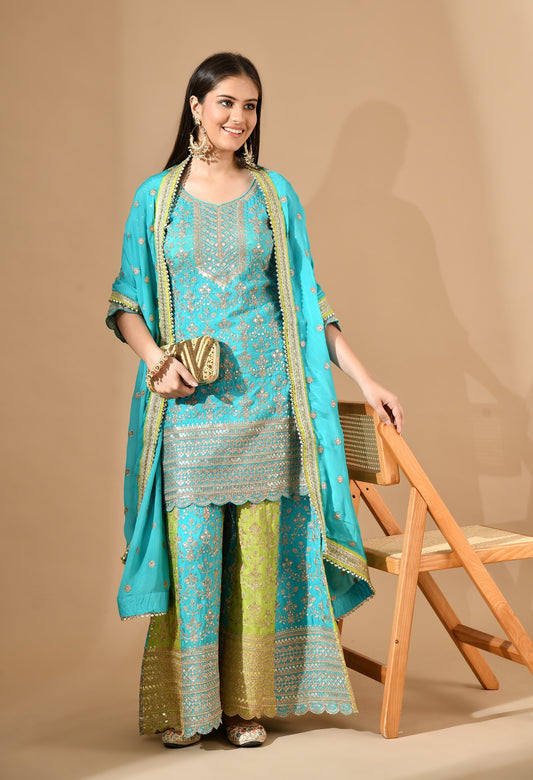 Blue Chinon Sharara Set with Zardozi, Crystal & Sequin Work