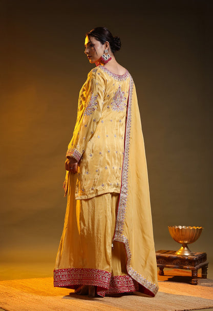 Yellow Tissue Silk & Organza Zardozi–Applique–Thread–Sequence Sharara Set