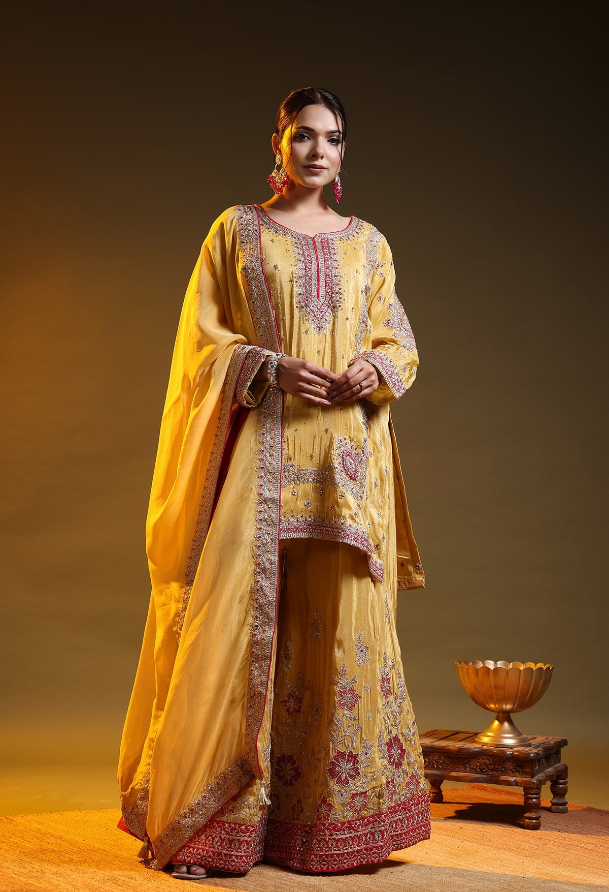 Yellow Tissue Silk & Organza Zardozi–Applique–Thread–Sequence Sharara Set