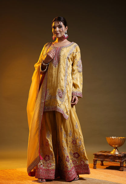 Yellow Tissue Silk & Organza Zardozi–Applique–Thread–Sequence Sharara Set