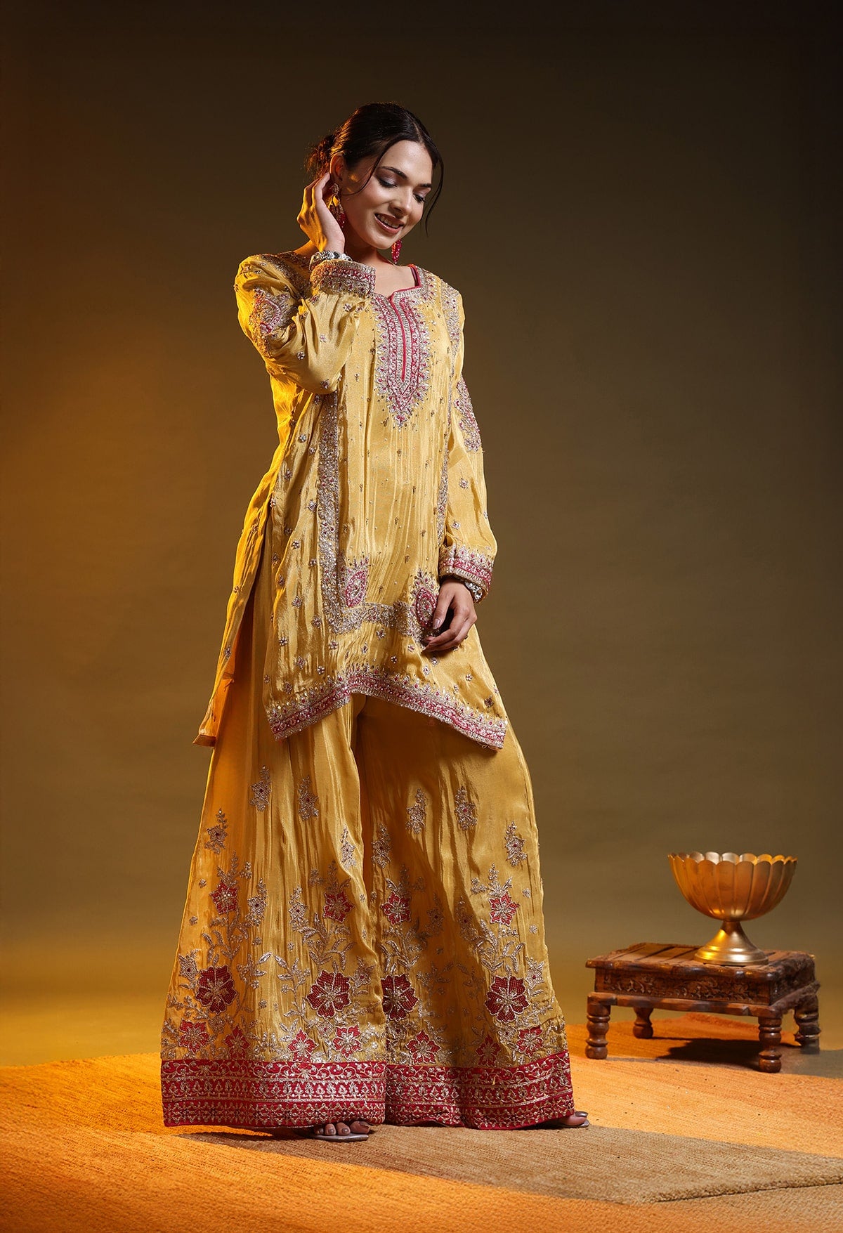 Yellow Tissue Silk & Organza Zardozi–Applique–Thread–Sequence Sharara Set