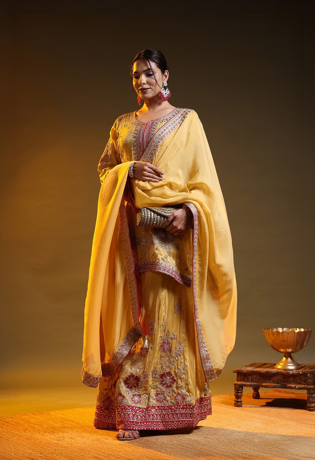 Yellow Tissue Silk & Organza Zardozi–Applique–Thread–Sequence Sharara Set