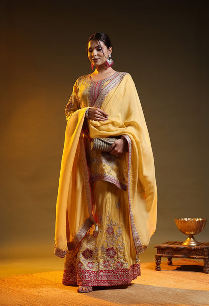 Yellow Tissue Silk & Organza Zardozi–Applique–Thread–Sequence Sharara Set