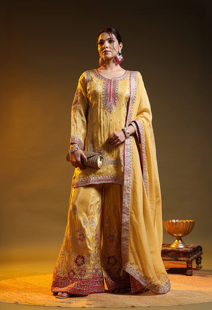 Yellow Tissue Silk & Organza Zardozi–Applique–Thread–Sequence Sharara Set
