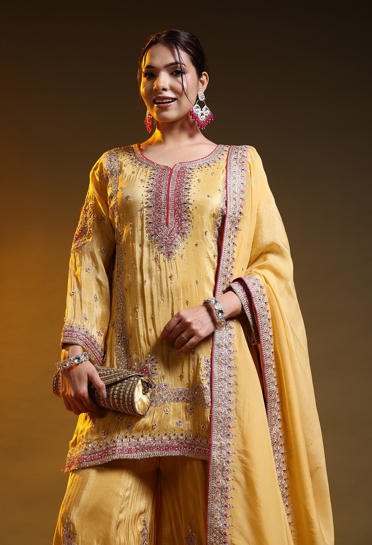 Yellow Tissue Silk & Organza Zardozi–Applique–Thread–Sequence Sharara Set