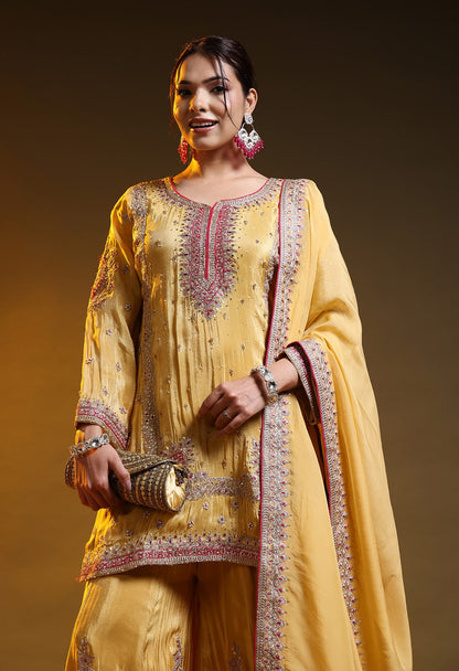 Yellow Tissue Silk & Organza Zardozi–Applique–Thread–Sequence Sharara Set