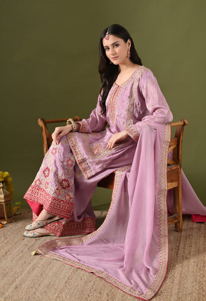 Lavender Purple Tissue Silk & Organza Zardozi–Applique–Thread–Sequence Sharara Set