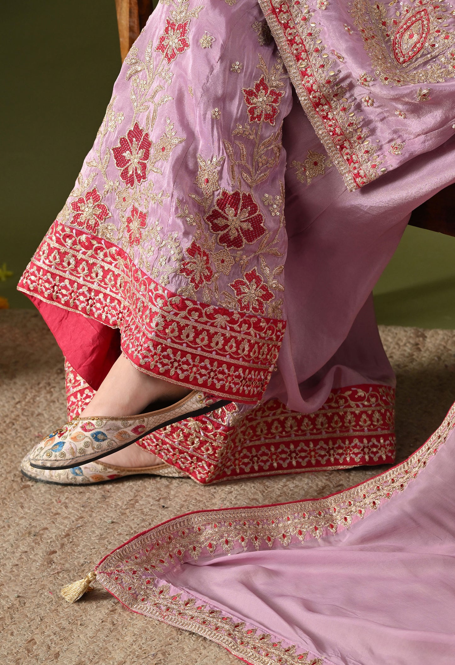 Lavender Purple Tissue Silk & Organza Zardozi–Applique–Thread–Sequence Sharara Set