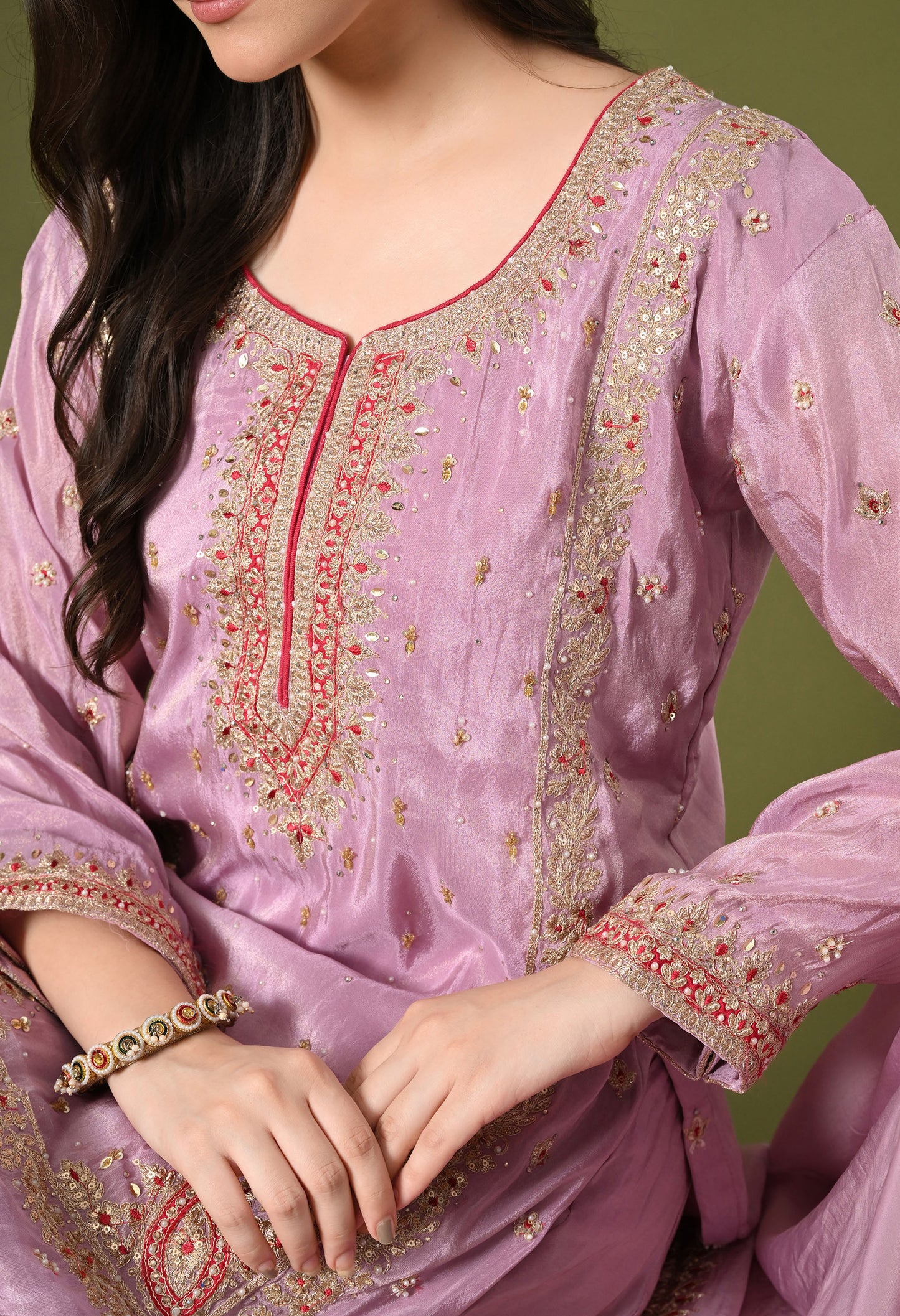 Lavender Purple Tissue Silk & Organza Zardozi–Applique–Thread–Sequence Sharara Set