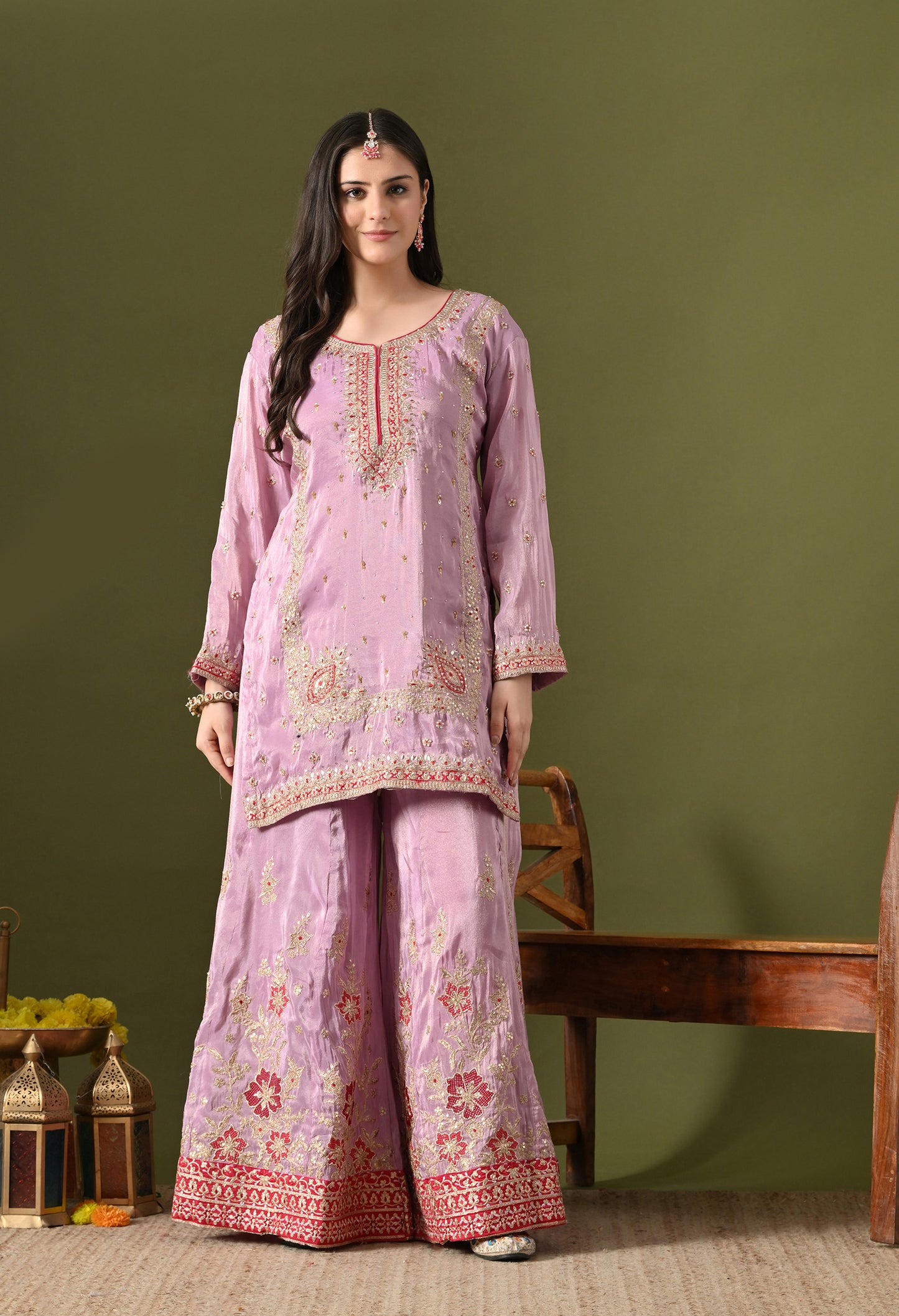 Lavender Purple Tissue Silk & Organza Zardozi–Applique–Thread–Sequence Sharara Set