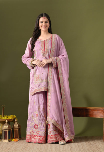 Lavender Purple Tissue Silk & Organza Zardozi–Applique–Thread–Sequence Sharara Set