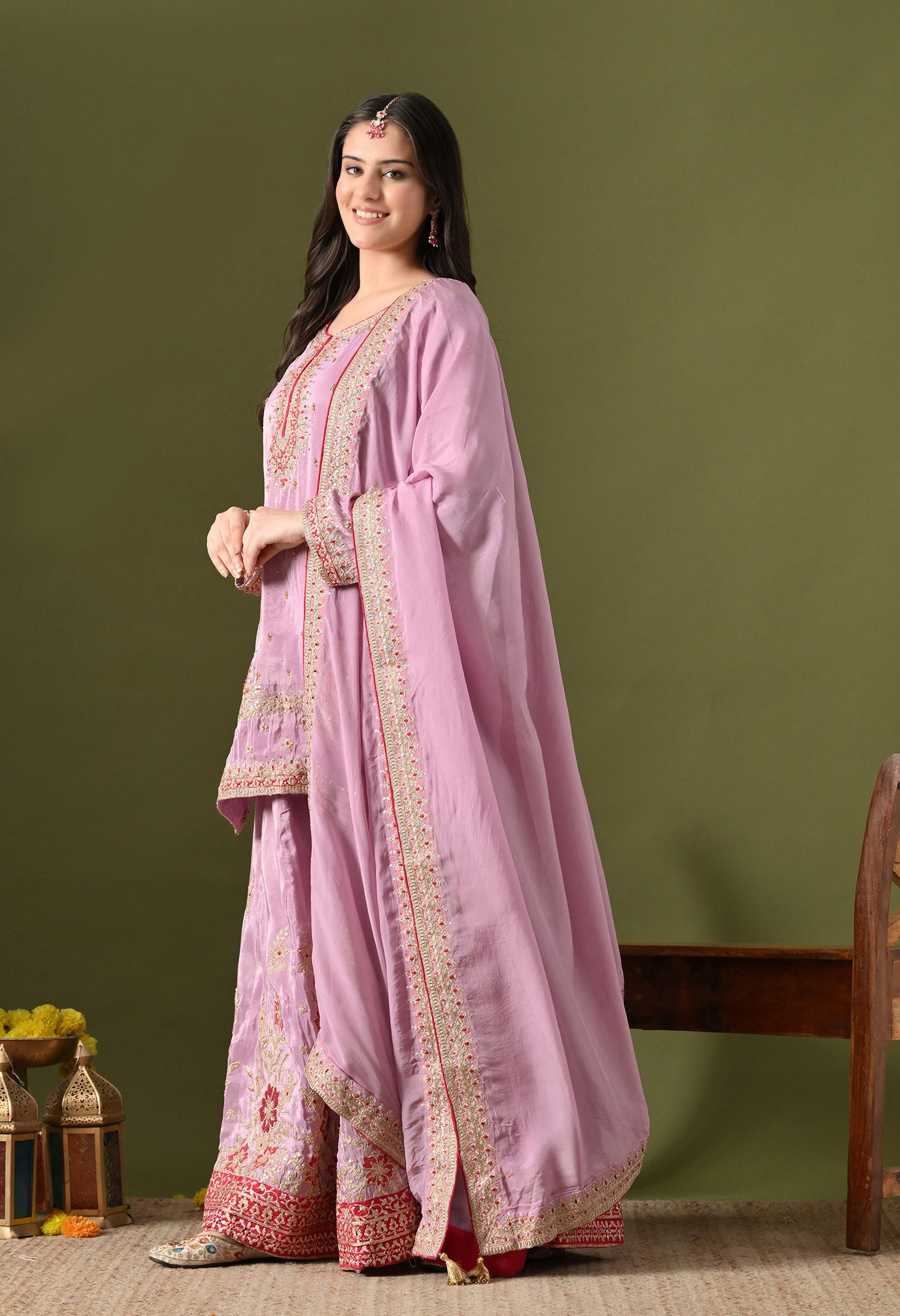 Lavender Purple Tissue Silk & Organza Zardozi–Applique–Thread–Sequence Sharara Set