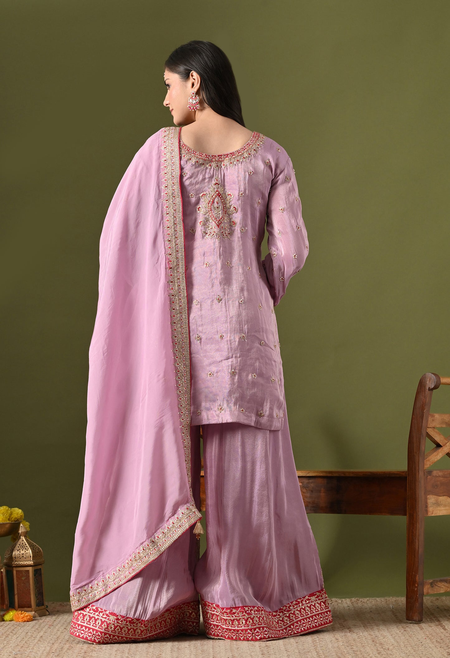Lavender Purple Tissue Silk & Organza Zardozi–Applique–Thread–Sequence Sharara Set