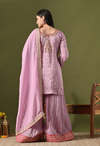 Lavender Purple Tissue Silk & Organza Zardozi–Applique–Thread–Sequence Sharara Set