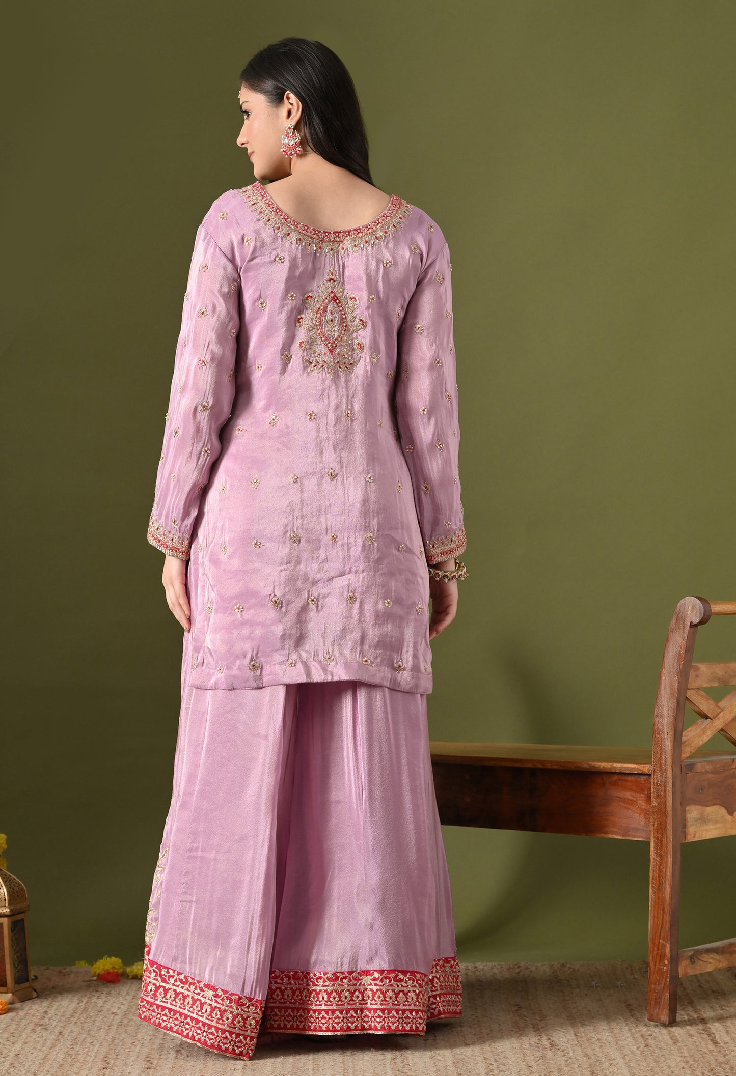 Lavender Purple Tissue Silk & Organza Zardozi–Applique–Thread–Sequence Sharara Set
