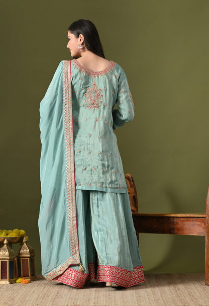 Light Blue Tissue Silk & Organza Zardozi–Applique–Thread–Sequence Sharara Set