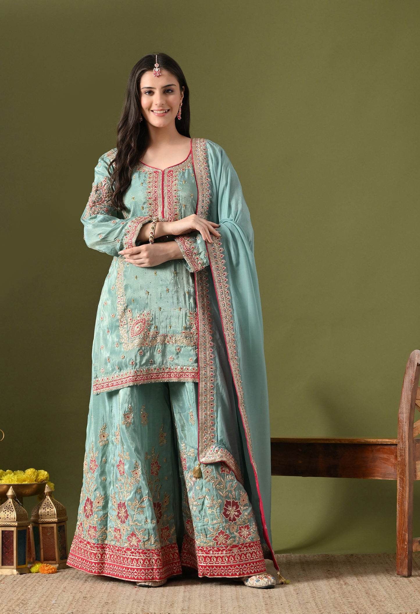 Light Blue Tissue Silk & Organza Zardozi–Applique–Thread–Sequence Sharara Set