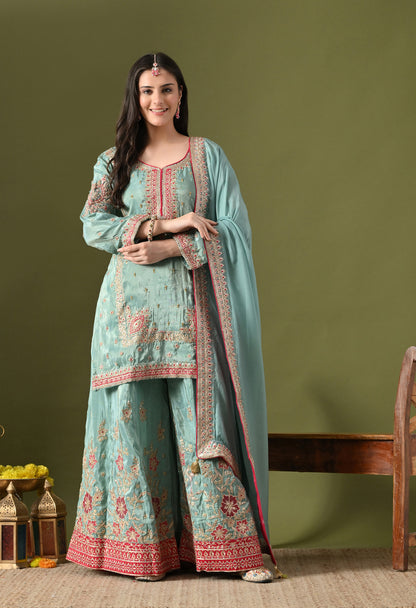 Light Blue Tissue Silk & Organza Zardozi–Applique–Thread–Sequence Sharara Set