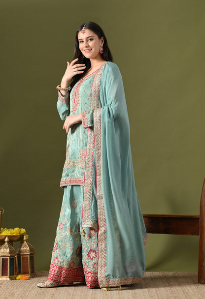 Light Blue Tissue Silk & Organza Zardozi–Applique–Thread–Sequence Sharara Set