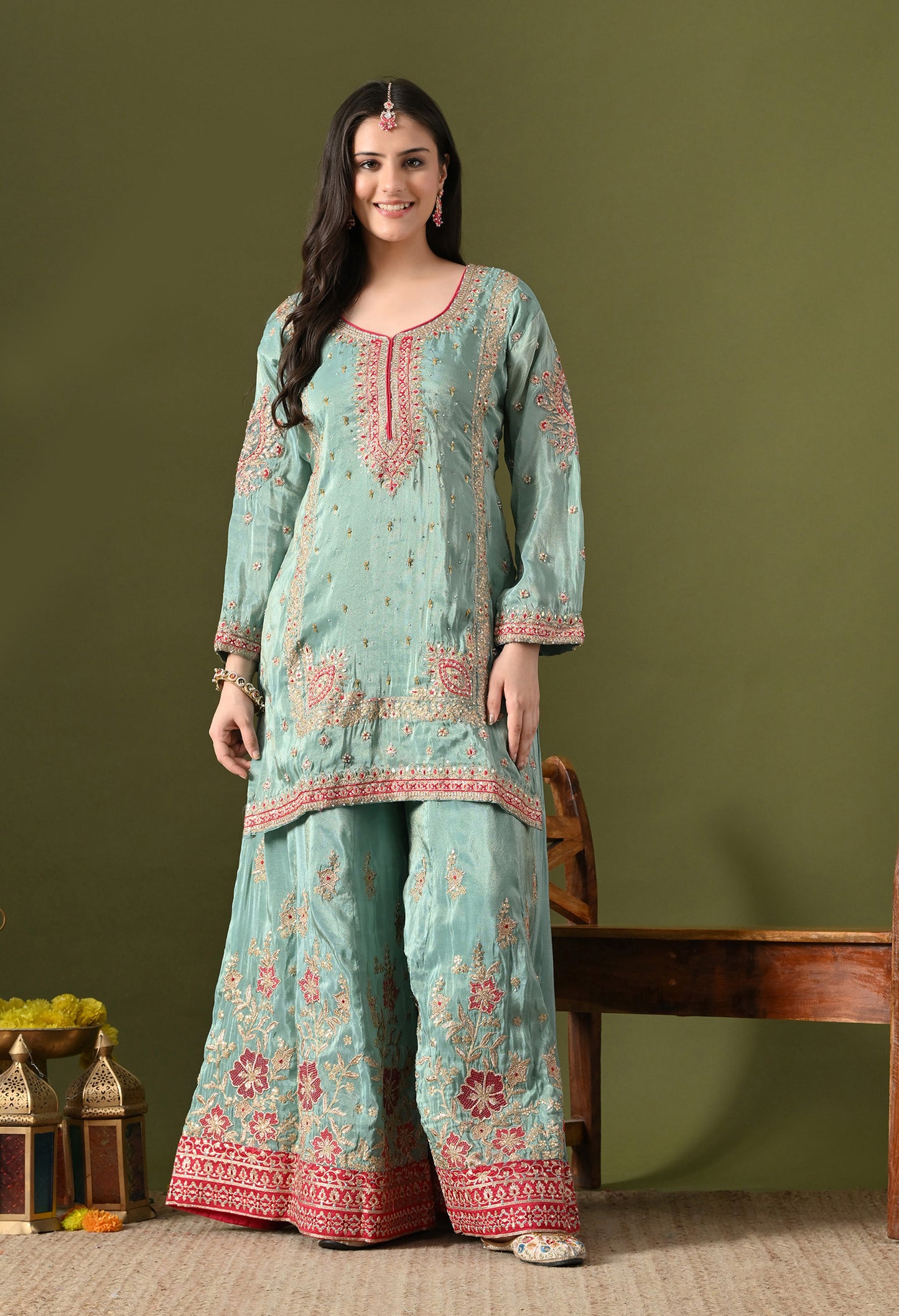 Light Blue Tissue Silk & Organza Zardozi–Applique–Thread–Sequence Sharara Set