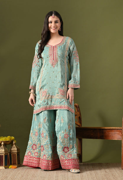 Light Blue Tissue Silk & Organza Zardozi–Applique–Thread–Sequence Sharara Set