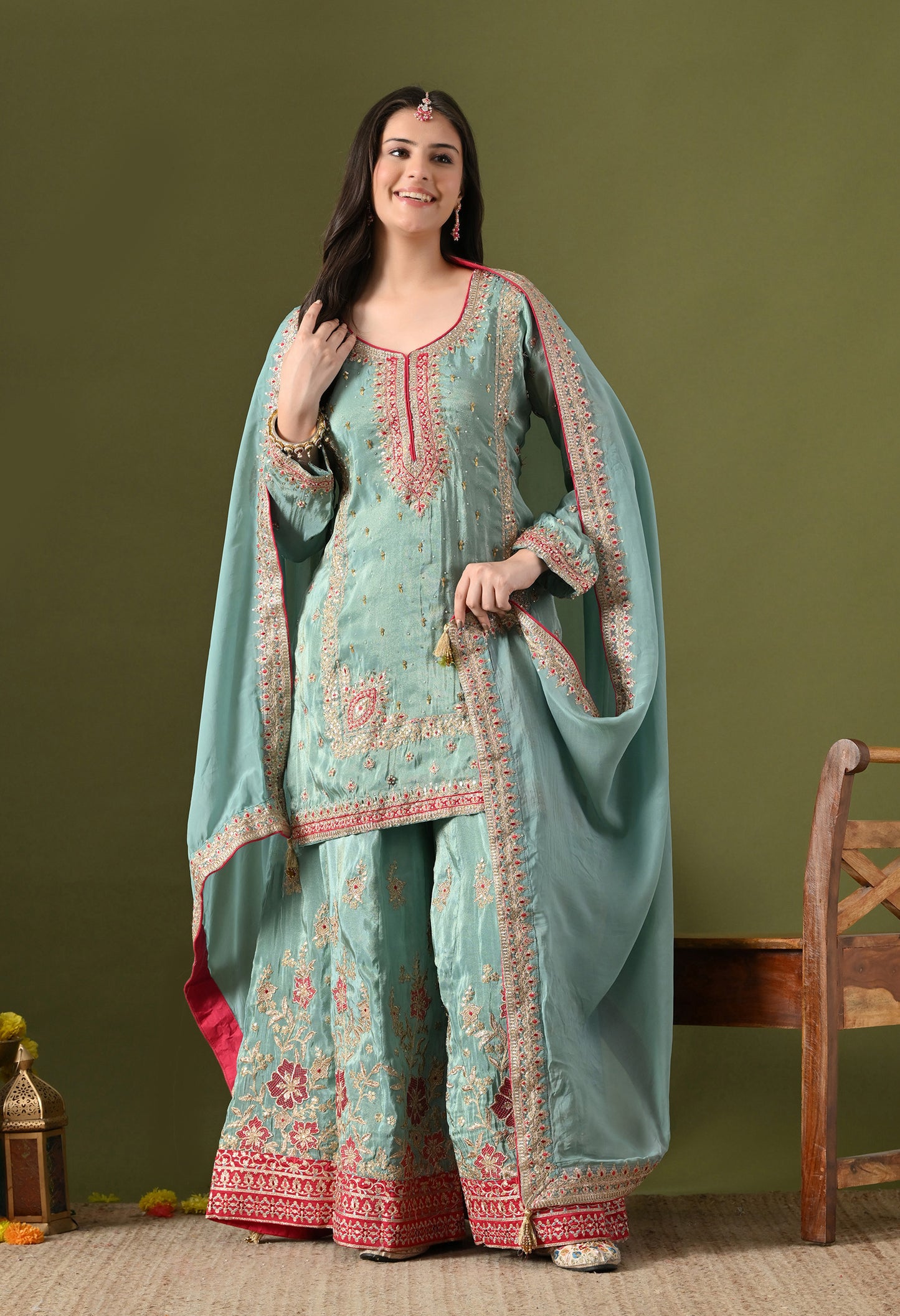 Light Blue Tissue Silk & Organza Zardozi–Applique–Thread–Sequence Sharara Set