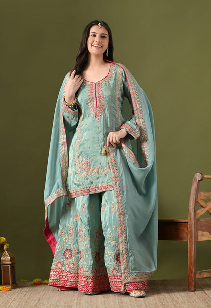 Light Blue Tissue Silk & Organza Zardozi–Applique–Thread–Sequence Sharara Set