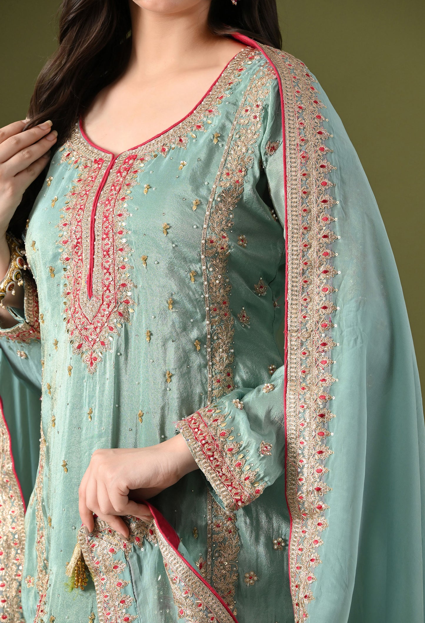 Light Blue Tissue Silk & Organza Zardozi–Applique–Thread–Sequence Sharara Set
