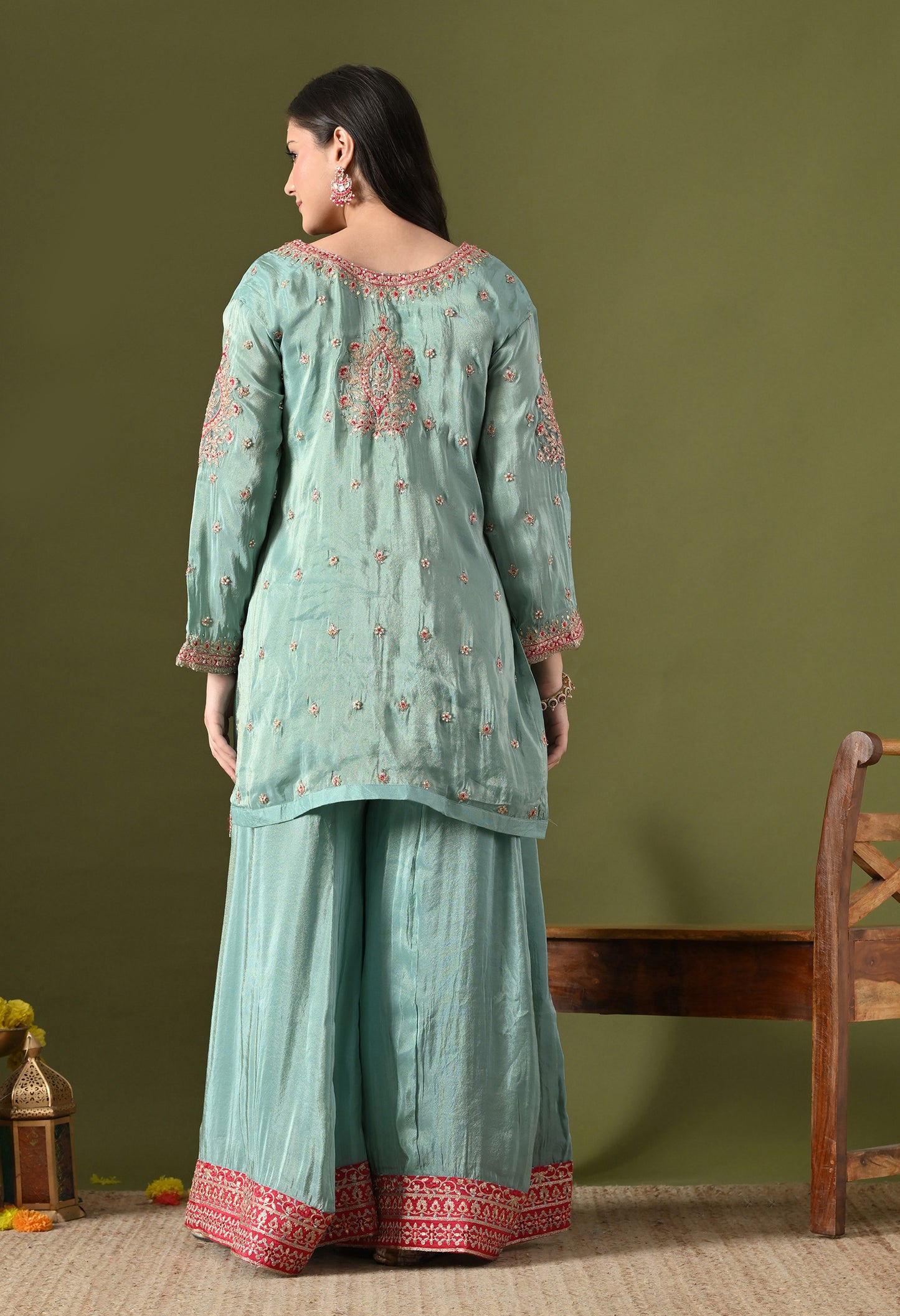Light Blue Tissue Silk & Organza Zardozi–Applique–Thread–Sequence Sharara Set