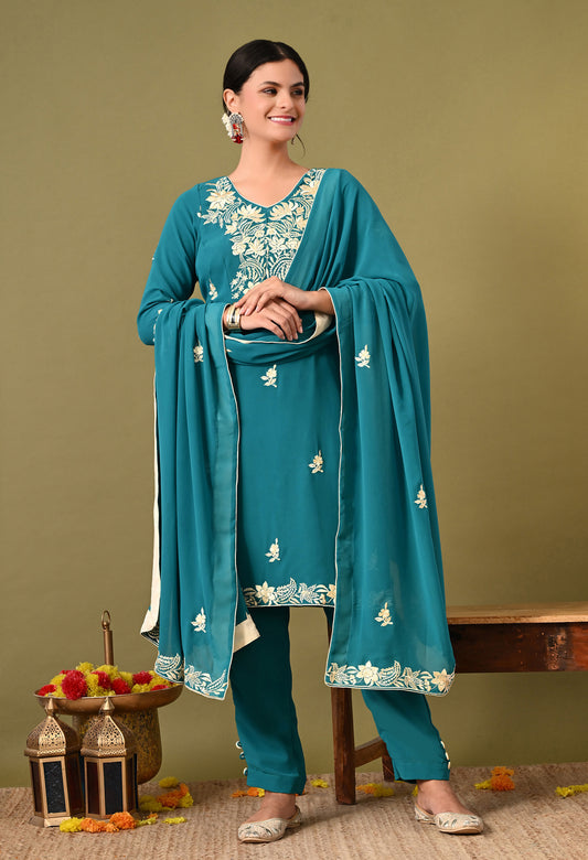 Charismatic Firozi Blue Kurta Set with Parsi Work