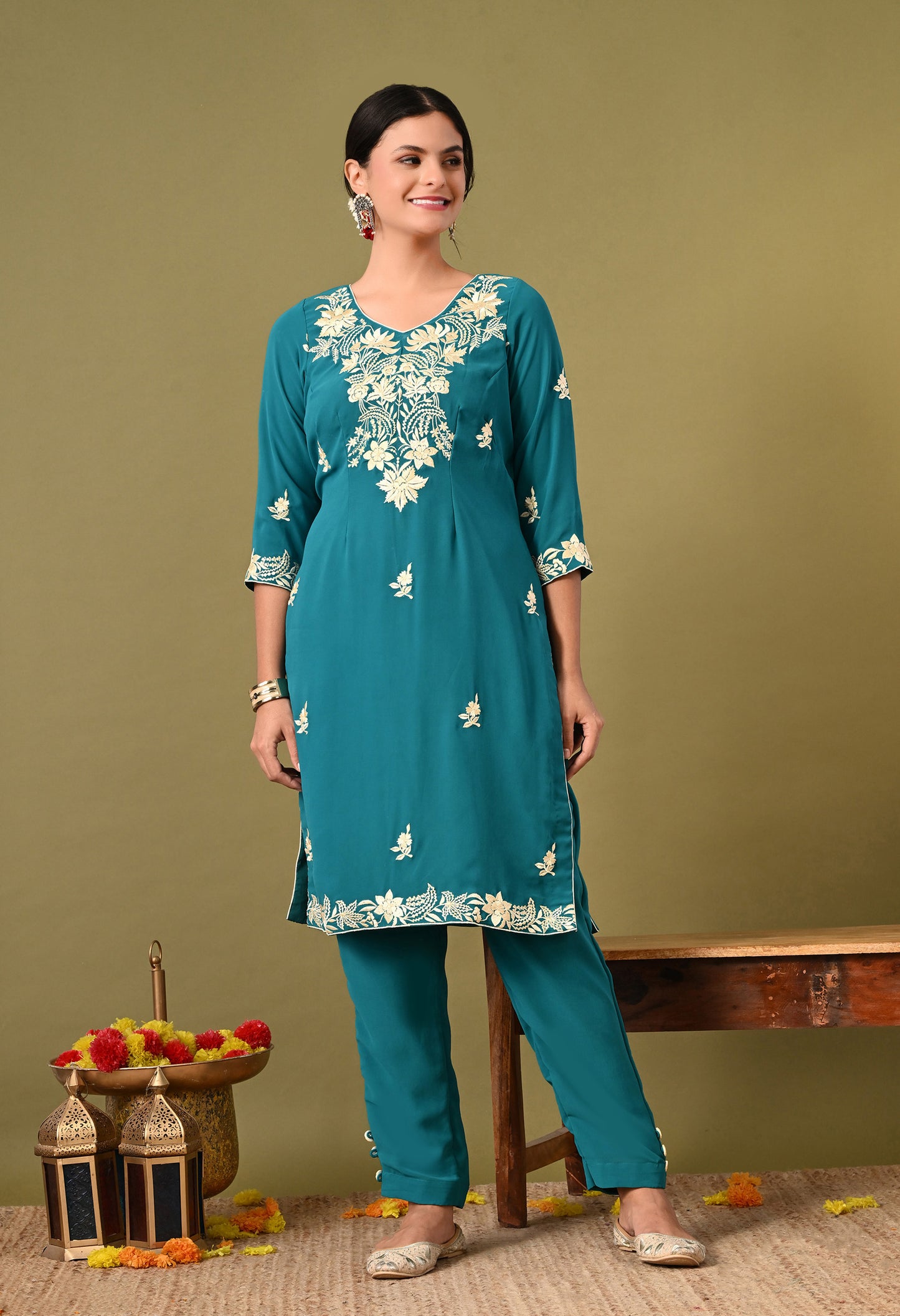 Charismatic Firozi Blue Kurta Set with Parsi Work