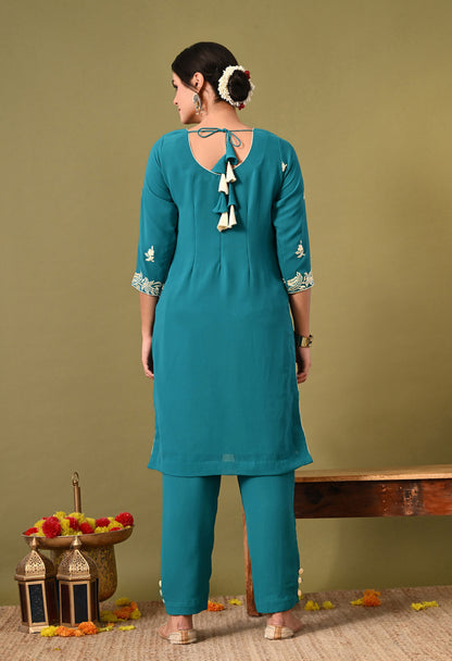 Charismatic Firozi Blue Kurta Set with Parsi Work