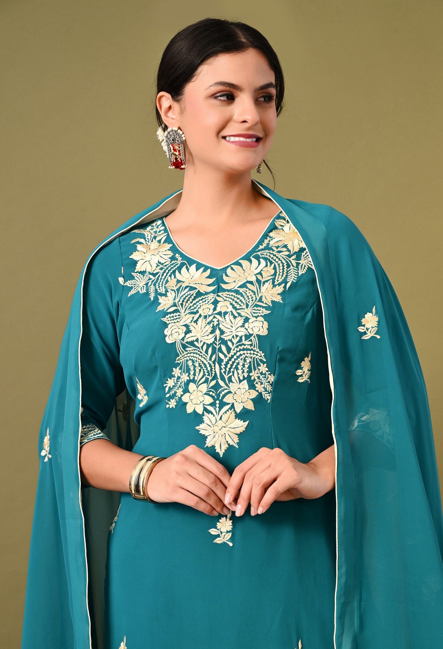 Charismatic Firozi Blue Kurta Set with Parsi Work