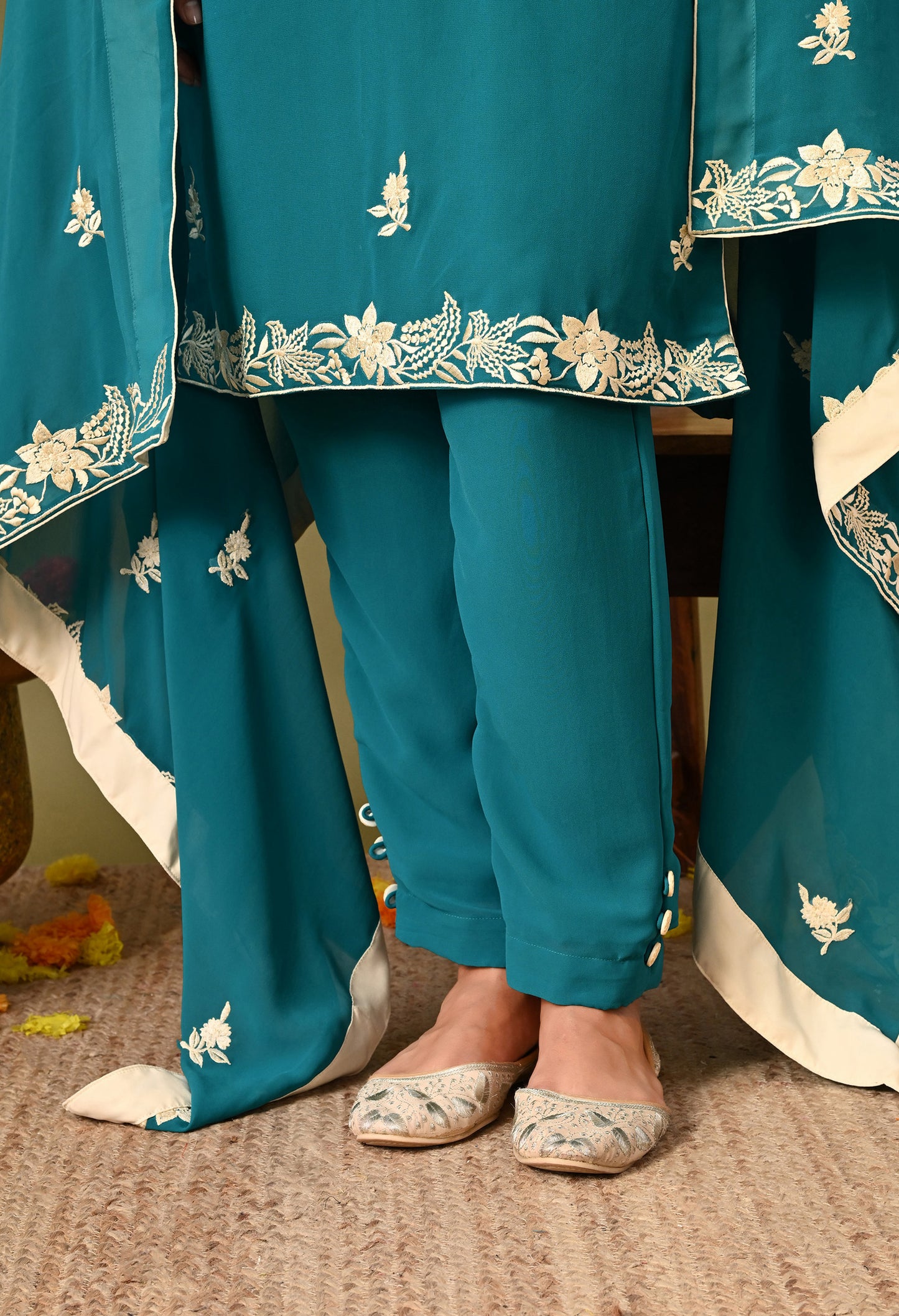 Charismatic Firozi Blue Kurta Set with Parsi Work