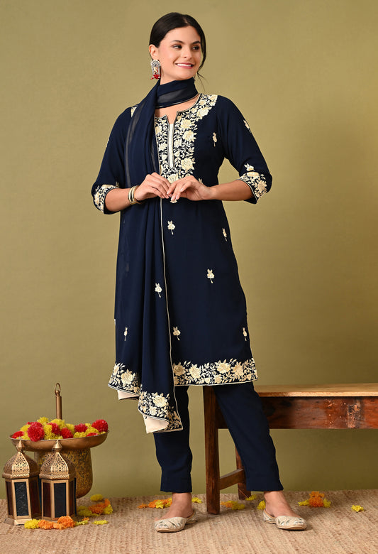 Beautiful Dark Blue Kurta Set with Excellent Parsi Work