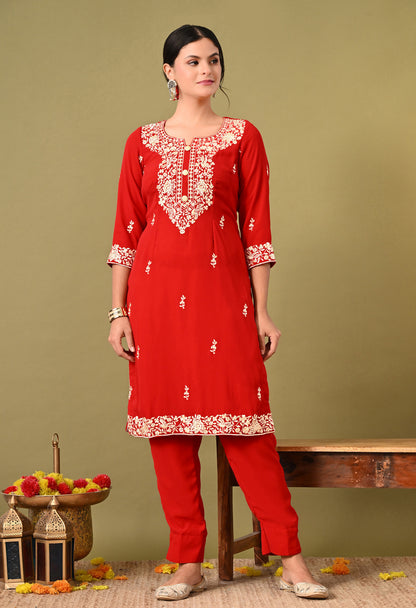 Mesmerising Red Kurta Set with Excellent Craftsmanship of Parsi Work