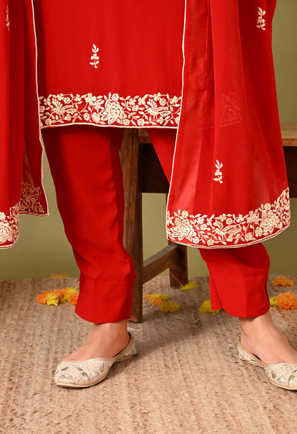 Mesmerising Red Kurta Set with Excellent Craftsmanship of Parsi Work