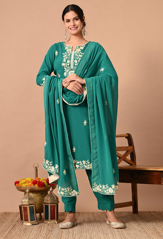 Beautiful Green Kurta Set with Excellent Craftsmanship of Parsi Work