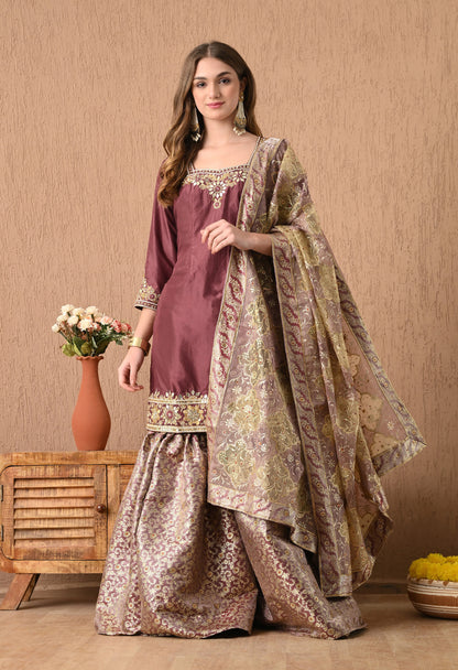 Beautiful Light Brown Sharara Set with Gotta, Zardozi, and Pearl Work