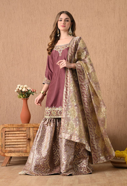 Beautiful Light Brown Sharara Set with Gotta, Zardozi, and Pearl Work