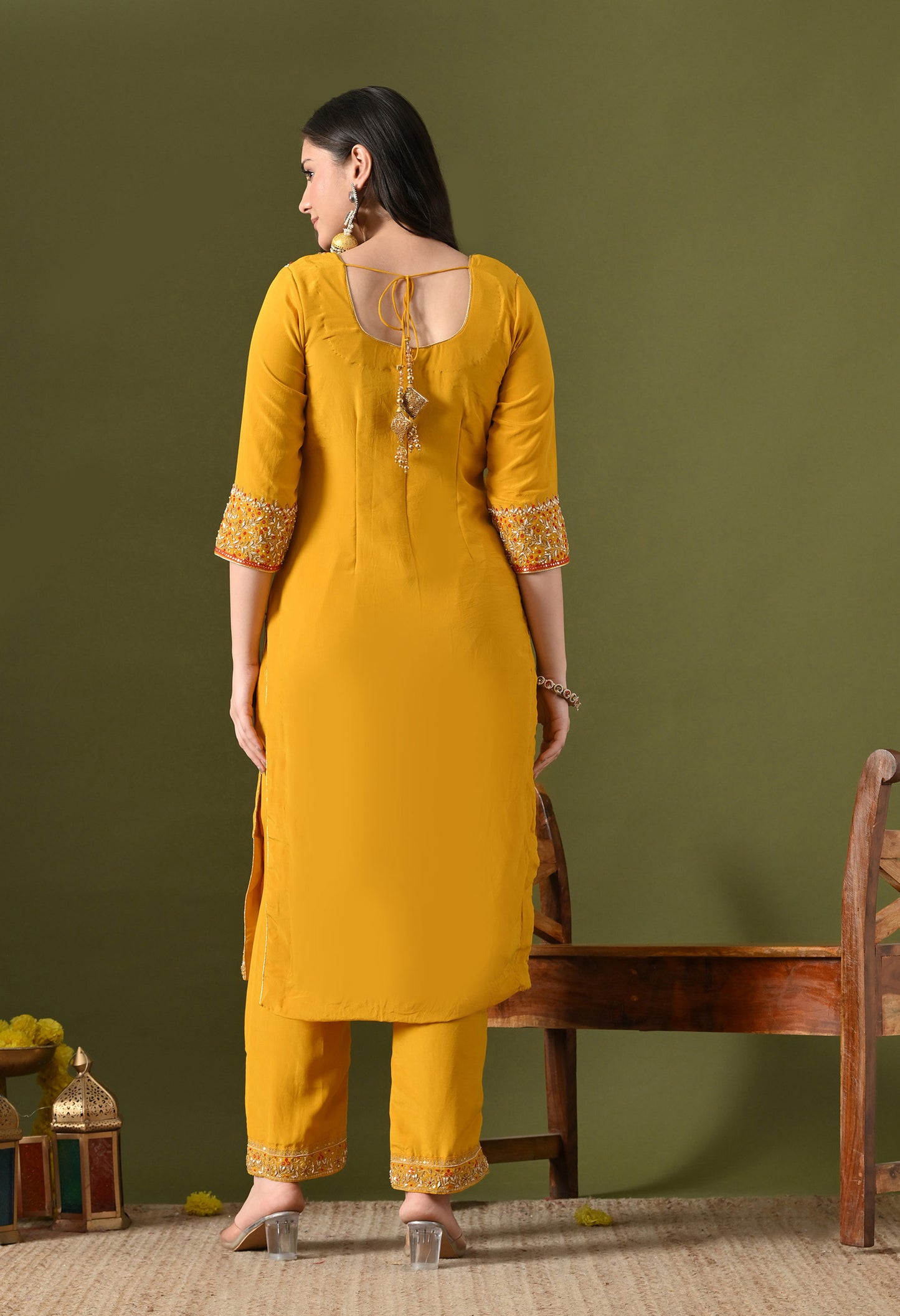 Yellow Crepe & Chinon Zardozi–Thread–Pearl–Sequin Kurta Set