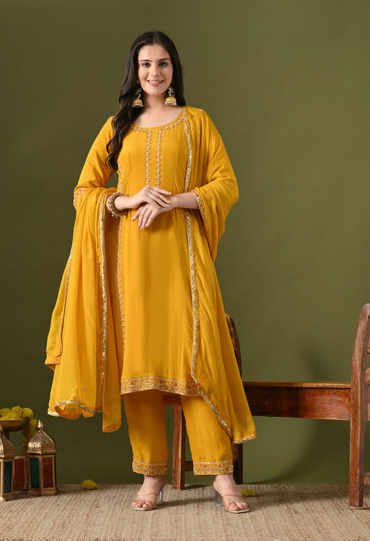 Yellow Crepe & Chinon Zardozi–Thread–Pearl–Sequin Kurta Set