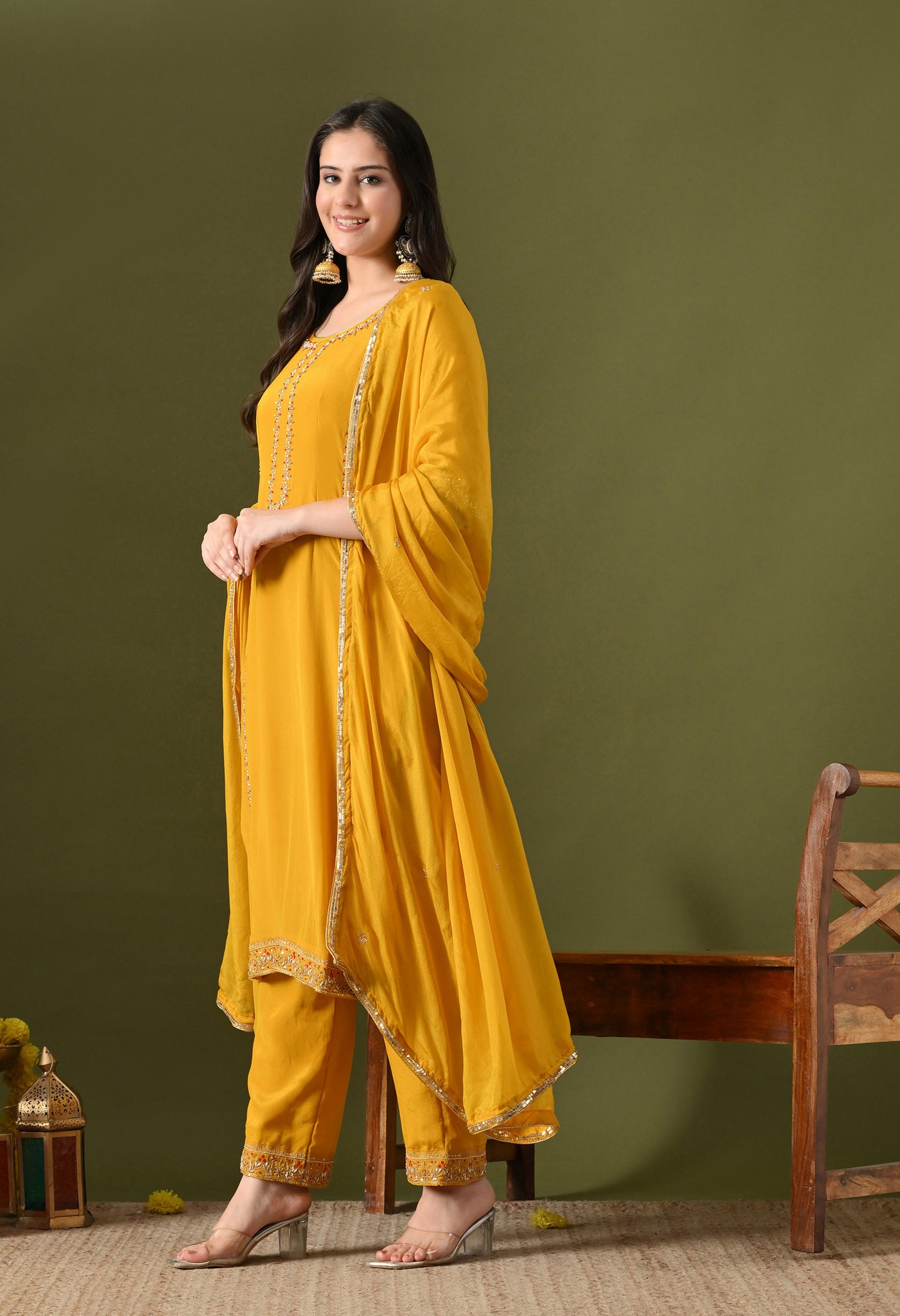Yellow Crepe & Chinon Zardozi–Thread–Pearl–Sequin Kurta Set