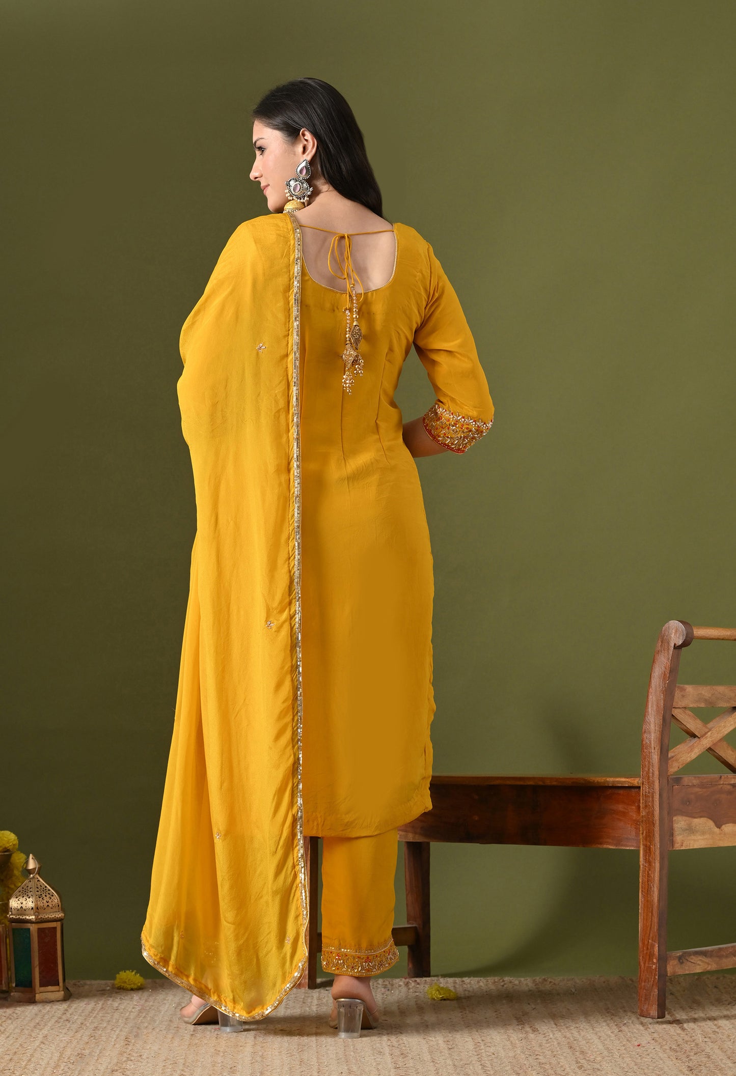 Yellow Crepe & Chinon Zardozi–Thread–Pearl–Sequin Kurta Set