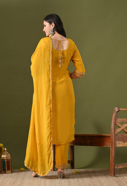 Yellow Crepe & Chinon Zardozi–Thread–Pearl–Sequin Kurta Set